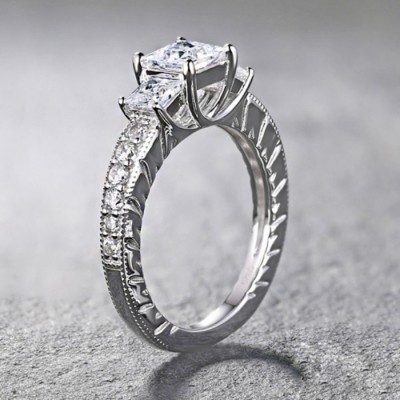 Cushion Cut S925 Silver White Sapphire 3-Stone Engagement Rings
