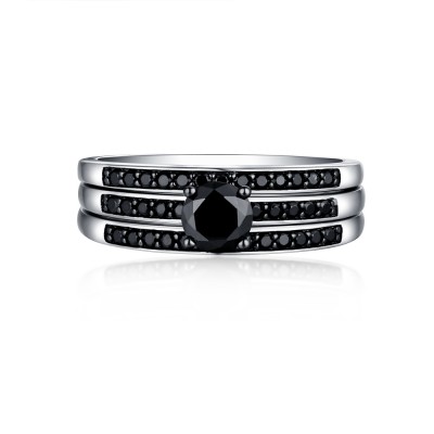 Round Cut 925 Sterling Silver Black Sapphire 3 Piece Ring Sets