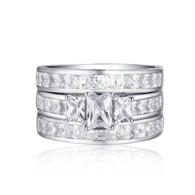 Emerald Cut S925 White Sapphire 3-Stone 3 Piece Ring Sets