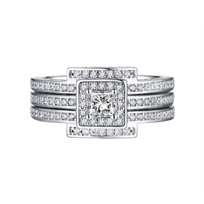 Princess Cut White Sapphire 925 Sterling Silver 3 Piece Halo Ring Sets