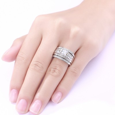 Princess Cut 925 Sterling Silver White Sapphire 3 Piece Ring Sets