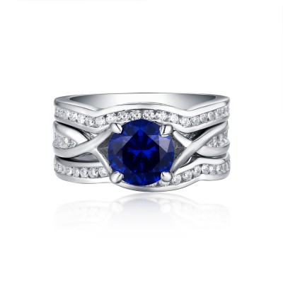 Round Cut Sapphire & White Sapphire S925 Silver 3 Piece Ring Sets