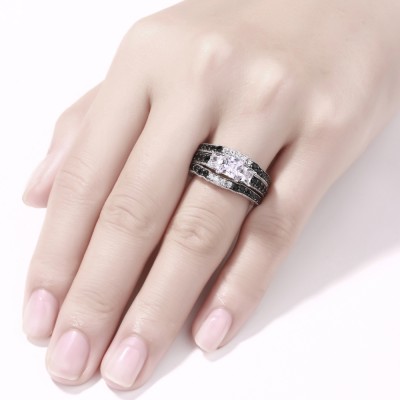 Princess Cut Black & White Sapphire S925 Silver 3-Stone 3 Piece Ring Sets