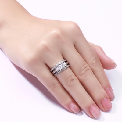 Princess Cut 925 Sterling Silver White Sapphire 3 Piece 3-Stone Ring Sets