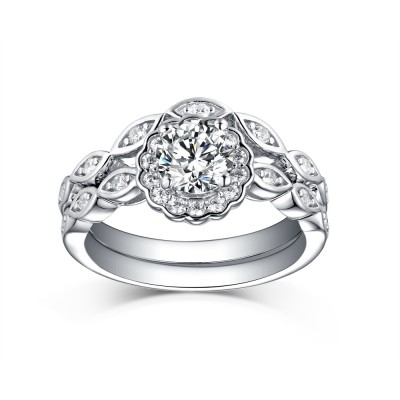 Round Cut 925 Sterling Silver White Sapphire Halo Ring Sets