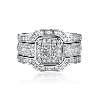 Princess Cut Halo 925 Sterling Silver White Sapphire 3 Piece Ring Sets