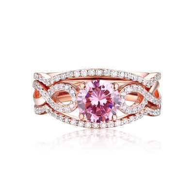 Round Cut Pink Sapphire Rose Gold 925 Sterling Silver 3 Piece Ring Sets