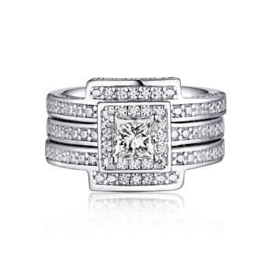 Round Cut 925 Sterling Silver White Sapphire Halo 3 Piece Ring Sets
