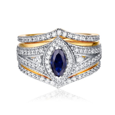 Marquise Cut Gold S925 White Sapphire & Sapphire 3 Piece Halo Ring Sets