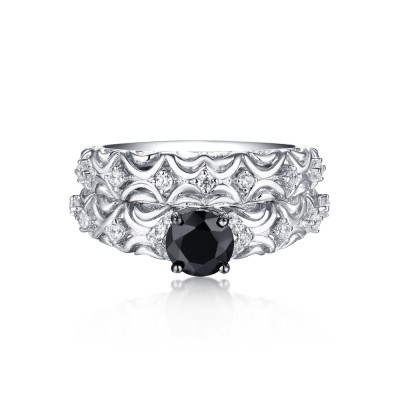 Round Cut S925 Silver Black Sapphire Art Deco Ring Sets