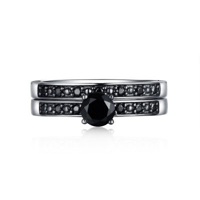 Art Deco Round Cut Black Sapphire 925 Sterling Silver Ring Sets
