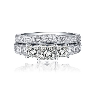 Princess Cut 925 Sterling Silver White Sapphire 3-Stone Ring Sets