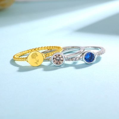 Personalized Round Birthstone with Birth Flower 925 Sterling Silver Three Piece Stackable Bridal Sets