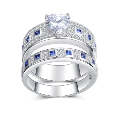 Classic Heart Cut Blue Sapphire Sterling Silver Bridal Sets