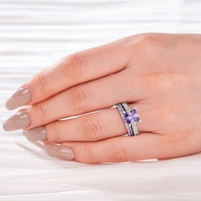 Princess Cut Amethyst 925 Sterling Silver Bridal Sets