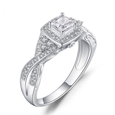 Princess Cut White Sapphire Sterling Silver Halo Engagement Rings