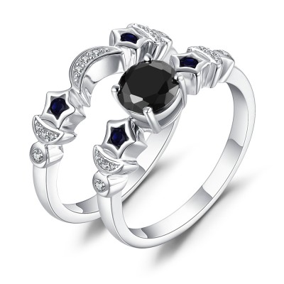 Moon and Star Black Sapphire 925 Sterling Silver Bridal Sets