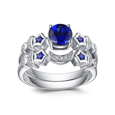 Moon and Star Blue Sapphire 925 Sterling Silver Bridal Sets