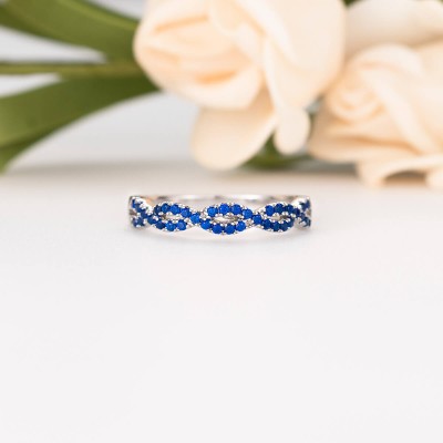 Round Cut Blue Sapphire Sterling Silver Twisted Women's Wedding Band