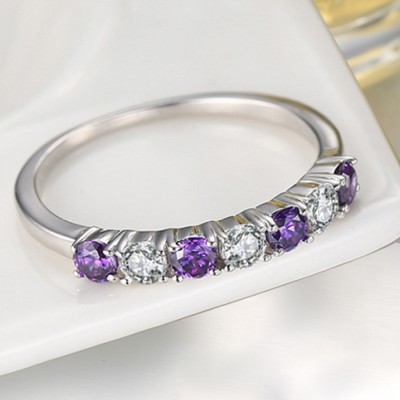 Round Cut White and Amethyst Sapphire Sterling Silver Promise Rings