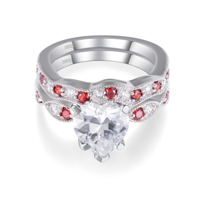 Heart Cut White and Ruby Sapphire Sterling Silver Women's Wedding Bridal Set