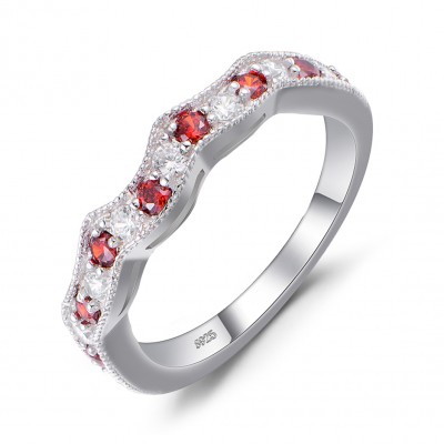 Round Cut White Sapphire and Ruby Sterling Silver Wedding Bands