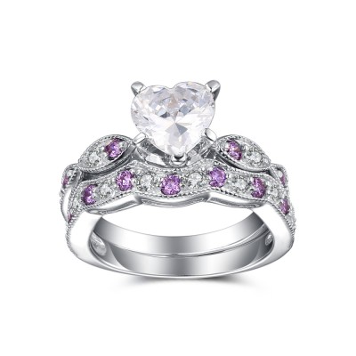 Heart Cut White and Amethyst Sapphire Sterling Silver Bridal Sets