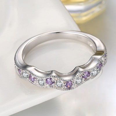 Round Cut White Sapphire and Amethyst Sterling Silver Wedding Bands