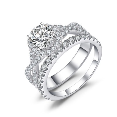 Round Cut 925 Sterling Silver White Sapphire Women's Bridal Ring Set