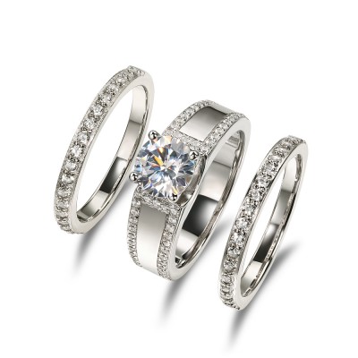 Round Cut White Sapphire 925 Sterling Silver 3 Piece Ring Sets