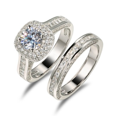 Round Cut White Sapphire 925 Sterling Silver Halo Ring Sets