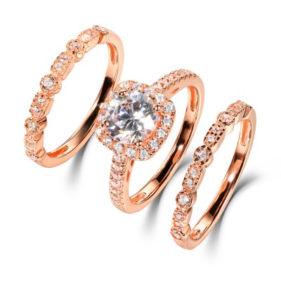 Round Cut White Sapphire 925 Sterling Silver Rose Gold Halo Ring Sets