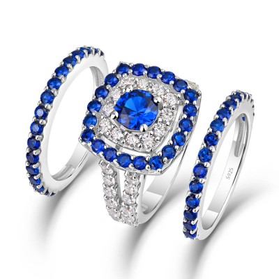 Round Cut Blue Sapphire 925 Sterling Silver Double Halo 3-Piece Bridal Sets