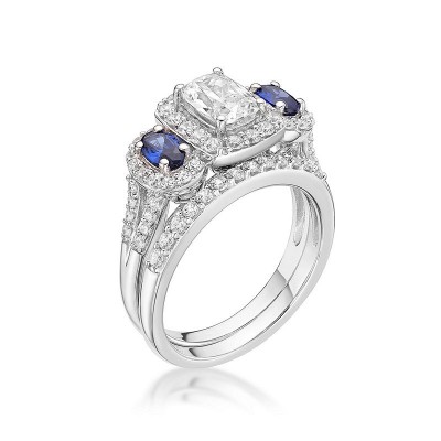 Radiant Cut White & Blue Sapphire Sterling Silver 3-Stone Bridal Sets