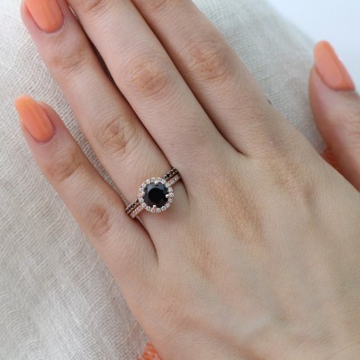 Rose Gold Round Cut Black Sapphire Sterling Silver Halo Wedding Ring Sets for Women 