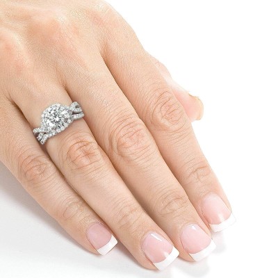 Round Cut White Sapphire 925 Sterling Silver Twisted Halo Bridal Sets