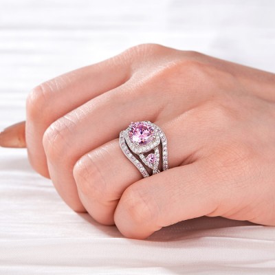 Round Cut Pink Sapphire 925 Sterling Silver Twisted Halo 3-Piece Bridal Sets