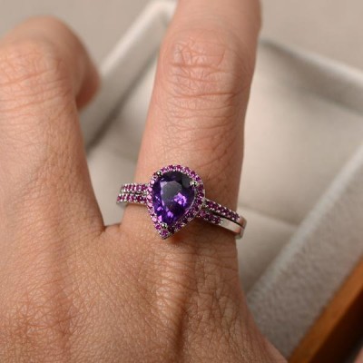 Pear Cut Amethyst Sterling Silver Halo Bridal Ring Sets