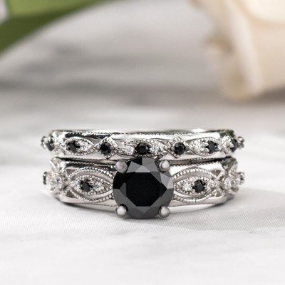 Vintage Round Cut Black Sapphire Sterling Silver Bridal Ring Sets