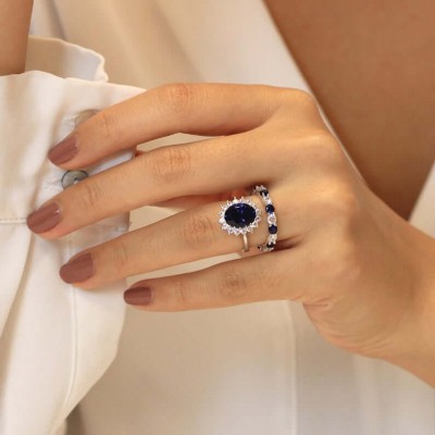 Art Deco Oval Cut Blue Sapphire 925 Sterling Silver Halo Bridal Sets