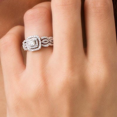 Round Cut White Sapphire Sterling Silver Double Halo Bridal Sets