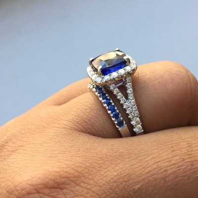 Cushion Cut Blue Sapphire 925 Sterling Silver Halo Bridal Sets