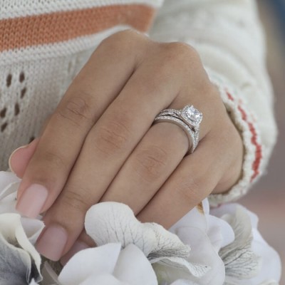 Round Cut White Sapphire Sterling Silver Twisted Halo Bridal Sets