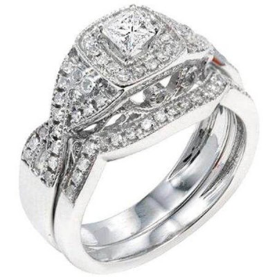 Princess Cut White Sapphire 925 Sterling Silver Halo Bridal Sets