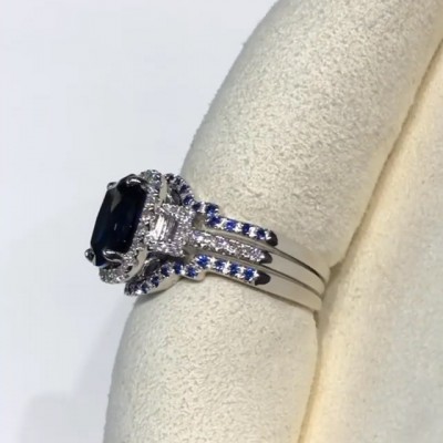 Cushion Cut Blue Sapphire 925 Sterling Silver 3-Piece Bridal Sets