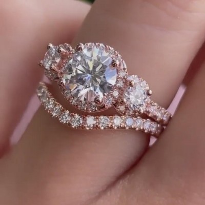 Rose Gold Round Cut White Sapphire 925 Sterling Silver Halo Bridal Sets