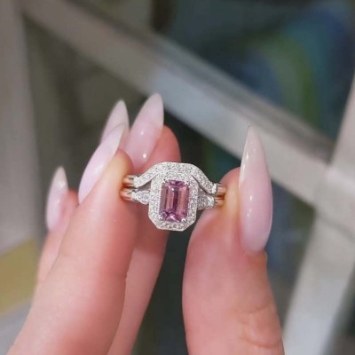 Vintage Emerald Cut Pink Sapphire 925 Sterling Silver Hao Bridal Sets
