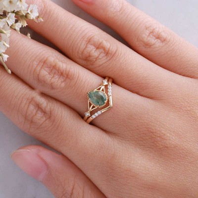 Yellow Gold Pear Cut Green Moss Agate 925 Sterling Silver Bridal Sets