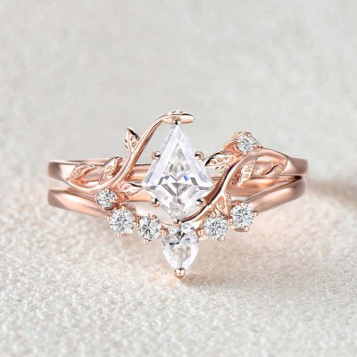 Rose Gold Kite Cut White Sapphire 925 Sterling Silver Leafy Bridal Sets