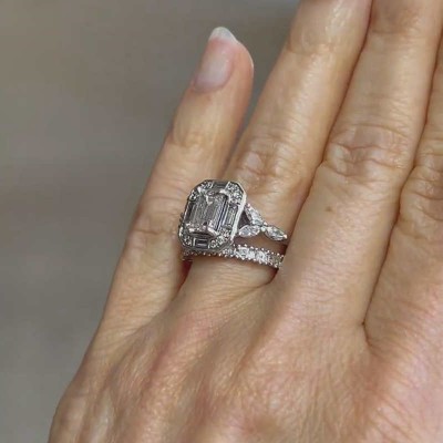 Vintage Emerald Cut White Sapphire 925 Sterling Silver Halo Bridal Sets